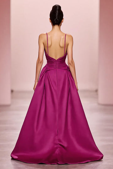 Plum Satin A Line Ruched Spaghetti Straps Long Formal Dress